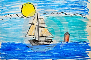 Drawing of sailboat in the ocean with lighthouse. Generative AI