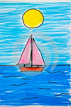 Drawing of sailboat in the ocean with sun above it. Generative AI