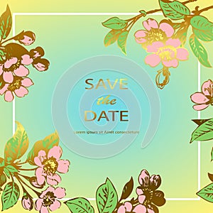 Drawing sakura flowers and leaves on branches border frame celebration label. Botanical wedding invitation card template design.