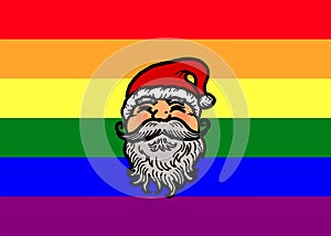 Drawing of Santa Claus face on gay pride flag background to celebrate Christmas