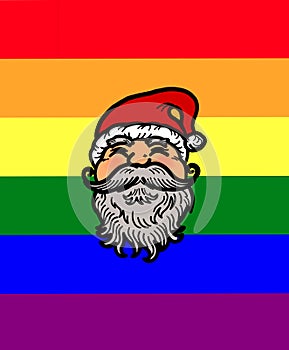 Drawing of Santa Claus face on gay pride flag background to celebrate Christmas