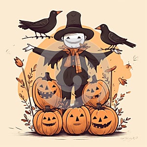 A drawing of a scare with pumpkins and crows. Generative AI image.