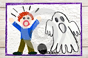 Drawing: Scary ghost with chains and scared little boy