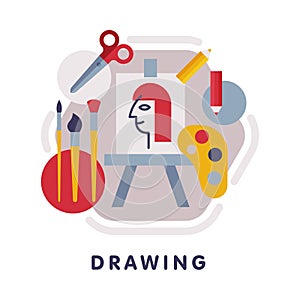 Drawing School Subject Icon, Education and Science Discipline with Related Elements Flat Style Vector Illustration