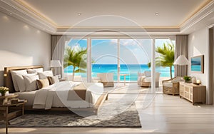 drawing seabreeze bedroom sea view on beach front luxury hotel resort cream tone