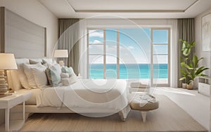 drawing seabreeze open outdoor bedroom sea view on beach front luxury hotel resort brown cream tone