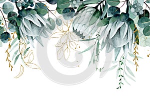 watercolor drawing. seamless border with tropical flowers and leaves. protea flowers and eucalyptus leaves with golden elements