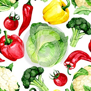 watercolor drawing. seamless pattern with vegetables. cabbage, peppers, tomatoes, cauliflower, broccoli on a white background