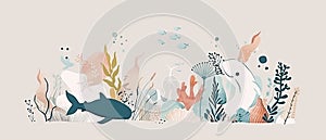 A drawing of seashells, fish, whales, seahorses, tunas, jellyfish, seaweed, anchors, corals, cockleshells and whales