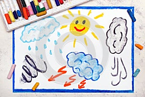 Drawing: Seasons and weather. Hand drawn weather illustrations: sun, rain, wind, storm