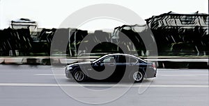 Drawing of sedan car driving on the city road, side view. Sketch of black car on the street in motion. Street racing and