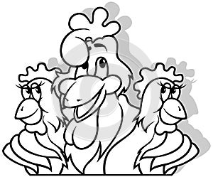 Drawing of a Seductive Rooster with Two Hens