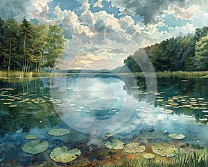 Drawing of a serene lakeside view
