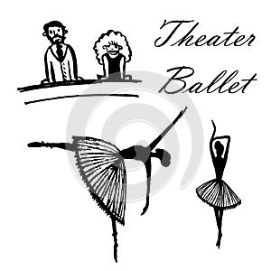 Drawing of a set of cartoon pictures spectators in the theater watching ballet, hand-drawn vector illustration