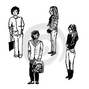 Drawing set of four figures of urban residents on the street, men and women,hand-drawn illustration