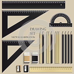 Drawing Set, ruler, protractor, pencils design element illustration