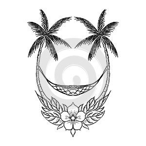 Drawing silhouette landscape nature tropical with graphic, coconut tree, floral and swing for element design