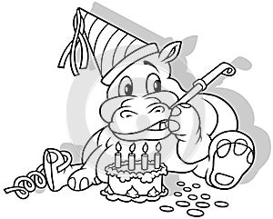 Drawing of a Sitting Hippo at a Celebration with Cake and Decorations