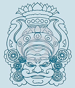 Sketch closeup face view of traditional Yakshagana costume wear men editable outline illustration photo