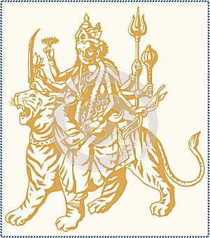Sketch of Goddess Durgi or Durga Maa Sitting above the Tiger and Lion Killing Mahishasura Outline Editable Vector Illustration
