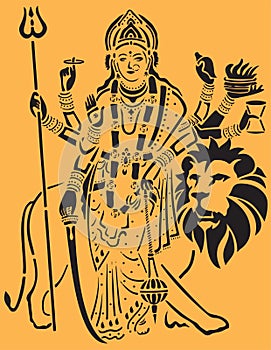 Sketch of Goddess Durgi or Durga Maa Sitting above the Tiger and Lion Killing Mahishasura Outline Editable Vector Illustration