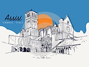 Drawing sketch illustration of the Basilica of San Francesco in Assisi, Italy