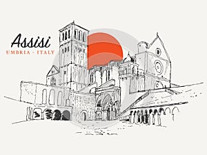 Drawing sketch illustration of the Basilica of San Francesco in Assisi, Italy