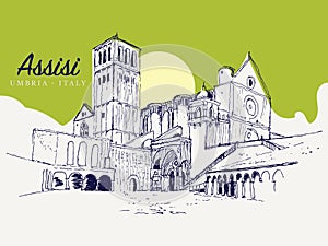 Drawing sketch illustration of the Basilica of San Francesco in Assisi, Italy