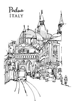 Drawing sketch illustration of the Basilica of St. Anthony of Padua in Italy