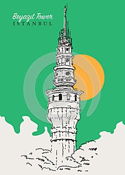 Drawing sketch illustration of Beyazit Tower in Istanbul, Turkiye
