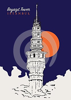 Drawing sketch illustration of Beyazit Tower in Istanbul, Turkiye