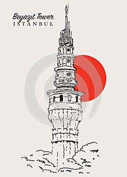 Drawing sketch illustration of Beyazit Tower in Istanbul, Turkiye