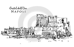 Drawing sketch illustration of Castel dell`Ovo in Naples, Italy photo