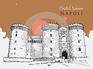 Drawing sketch illustration of Castel Nuovo in naples, Italy photo