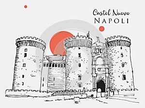 Drawing sketch illustration of Castel Nuovo in naples, Italy photo