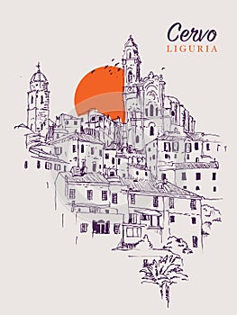 Drawing sketch illustration of Cervo in Liguria, Italy