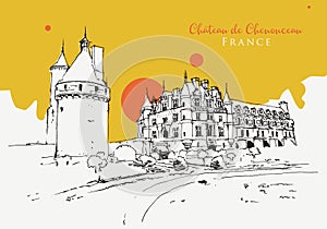 Drawing sketch illustration of Chateau de Chenonceau
