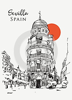 Drawing sketch illustration of Edifico la Adriatica in Sevilla, Spain photo