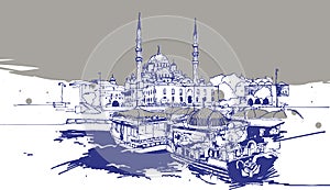 Drawing sketch illustration of Eminonu, Istanbul