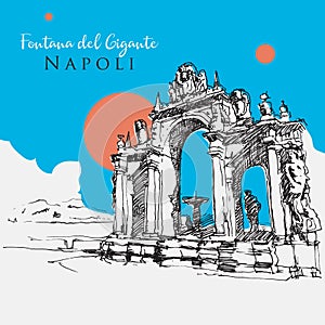 Drawing sketch illustration of Fontana del Gigante or Fontana dell`Immacolatella in naples, Italy