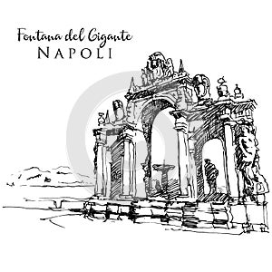 Drawing sketch illustration of Fontana del Gigante or Fontana dell`Immacolatella in naples, Italy