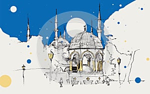 Drawing sketch illustration of the German Fountain and the Blue Mosque, Istanbul