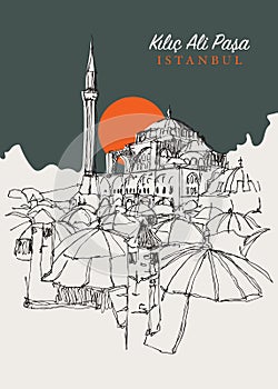 Drawing sketch illustration of Kilic Ali Pasha Mosque in Istanbul, Turkiye