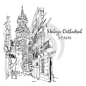 Drawing sketch illustration of Malaga Cathedral