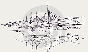 Drawing sketch illustration of the Metro Bridge in Istanbul
