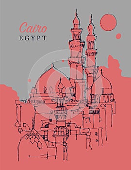Drawing sketch illustration of minarets and domes of mosques in Cairo, Egypt