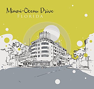 Drawing sketch illustration of Ocean Drive, Miami