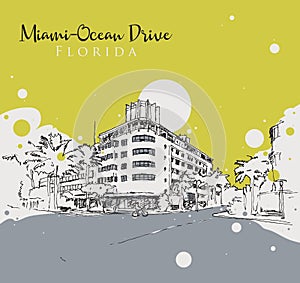 Drawing sketch illustration of Ocean Drive, Miami photo