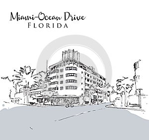 Drawing sketch illustration of Ocean Drive, Miami photo