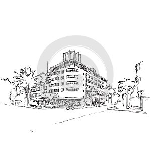 Drawing sketch illustration of Ocean Drive, Miami photo